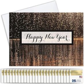 New Years Cards for Business & Family (Falling Fireworks) Bulk Greeting Card Set Pack of 25 Happy New Year Cards with Envelopes for 2025 (5x7 inch A7) Great for Office, Work Employees & Clients N1503