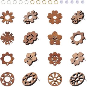 Pandahall 32Pcs Wood Stud Earring Findings Flower Earring Posts for Jewelry Making with 50pcs Earring Backs & 100Pcs Jump Rings