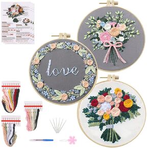 Winmany 3 Pack Butterfly Flower Embroidery Kits for Adult Beginners Cross Stitch Set with Instructions Embroidery Cloth Hoops Threads Starter Crafts Set for Handmade Lover (Butterflies)