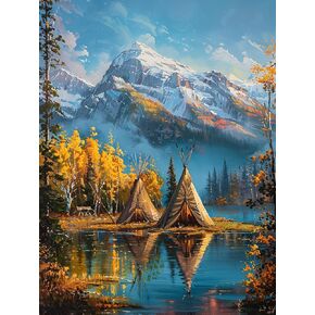 DIY 5D Diamond Art Painting by Number Kits American Native Indian Tent Full Drill Round Diamond Art Embroidery Cross Stitch for Wall Decoration(30x40cm)