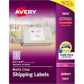 Avery Printable Shipping Labels with Sure Feed, 3-1/3" x 4", Matte Clear, 300 Blank Mailing Labels (5664)