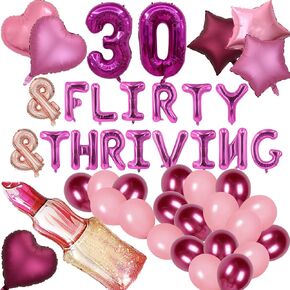 45 Pieces 30 & Flirty & Thriving Birthday Party Decorations 30th Balloons Banner Rose Red Number Lipstick Balloons for Her 30 Birthday (Rose red)