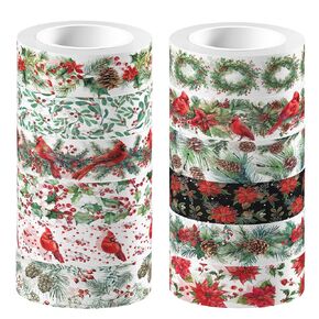 Christmas Washi Tape 12 Rolls,Watercolor Plants Elk Bell Pine Cone Floral Masking Decorative Gift Paper Tape for DIY Art Craft Gift Wrapping Scrapbook Journal Party Favor Supplies Xmas Supplies