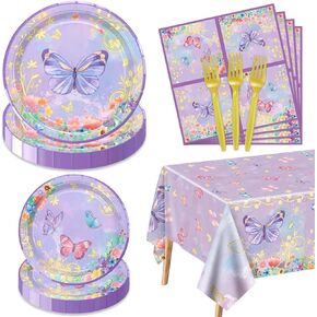 81 Pieces Butterfly Birthday Decorations - Purple Butterfly Party Decorations Butterfly Plates, Napkins and Flower Butterfly Tablecloth for Fairy Butterfly Birthday Party Supplies, Serve 20