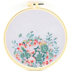 FOXTEMO Embroidery Kit for Beginners Adults, 1 Pack 20CM Embroidery Hoops, Lotus Embroidery Pattern Beginner Embroidery Kit with Needles and Thread Included for Adults Kids