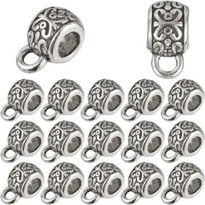 1 Box 160Pcs Round Bail Beads Silver Bail Tube Beads Bulk Alloy Small Tibetan Style Textured Spacers Bead Hanger Bail Bead Connectors for Jewelry Making Charms Pendants Necklaces Supplies DIY