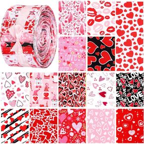 Buryeah 75 Pcs Valentine‘s Day Fabric Roll 2.5 Inch Red Heart Precut Quilting Strip Holiday Prints Fabric Bundle for Quilting Cloth Patchwork Sewing DIY Craft, 15 Styles
