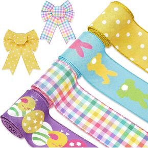 AnyDesign 4 Roll Easter Wired Ribbon Colorful Egg Bunny Rabbit Plaid Dots Print Fabric Ribbon Spring Pastel Wired Edge Ribbon for Gift Wrapping Wreath Bow Craft Party Decor, 24 Yards, 2.5 Inch