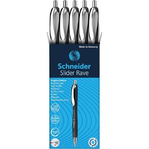 Schneider® Limited Edition Slider Rave Black, XB (Extra Broad) Ballpoint Pen, Refillable + Retractable, 1.4 mm, White-Black Barrel, Blue Ink, Box of 5 Pens (132549)