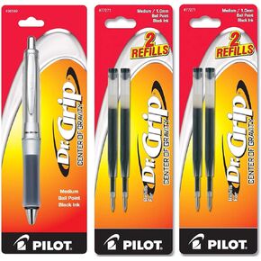 Pilot Dr. Grip Center of Gravity Retractable Ballpoint Pen, Medium Point, Charcoal Grip, Black Ink With 4 Black Ink Refill