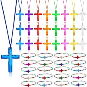 48 Pcs Cross Necklaces Christian Religious Party Favors for Kids Include 24 Plastic Crystal Cross Necklace DIY Craft Gifts with 24 Bracelet for Vacation Bible School Prize Favor(Cross)
