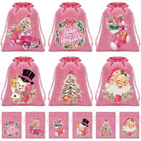 JarThenaAMCS 24Pcs Christmas Burlap Gift Bags 6 Designs Pink Santa Snowman Wreath Linen Treat Bags Xmas Candy Goodie Bags for Holiday Party Favors