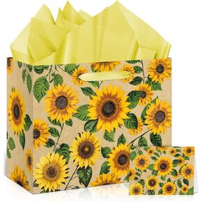 Large Sunflower Gift Bag with Tissue Paper and Greeting Card Sunflower Party Favor Bags Decorations Floral Sunflower Treat Candy Paper Bag Sunflower Wrapping Paper for Wedding Birthday Christmas Gift