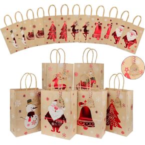 TaoQ C 12 PCS Christmas Kraft Gift Bags Christmas Gift Paper Bags with Tag Christmas Kraft Paper Bags with Handles Christmas Paper Treat Bags for Christmas Wedding Anniversary Birthday Party
