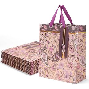 EXYGLO 12 Pcs 10.2"x4.7"x12.5" Purple Gift Bags Bulk, Floral Decor with Gold Accents Paper Bags, Gift Bags with Handle for Women or Girl on Birthday, Valentine's Day, Mother's Day, Weddings, Anniversaries
