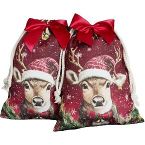 Christmas Bags Gift Bags with Bows Storage Bags 2 Pieces Small Size Canvas Bag Printed Drawstring Bag Christmas Theme Bags