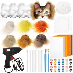 33 Pcs Therian DIY Mask Kit for Beginners Including Blank Cat Mask Faux Fur Fabric Felt Fabric Plastic Mesh Sheet(Warm Colors)