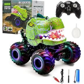 Dinosaur Remote Control Car, 360° Rotating RC Stunt Car Dinosaur Monster Truck Toys with Spray, Light & Sound,2.4GHz All Terrain Indoor/Outdoor Toys for Kids 3-12 Christmas & Birthday (Green)