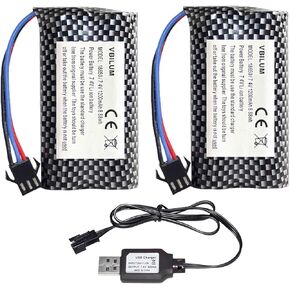 7.4V 1200mAh Li-ion Battery Pack 8.88wh with SM-3P Plug for Huina 1575 RC Truck DE43 DE60 RC Car Battery, MN99 MN98 MN78 SGP06 RC Jeep Battery RC Crawler Battery with Charger Cable (2 Pack)