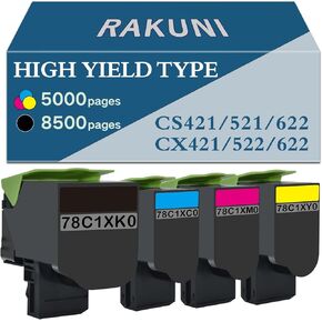 Compatible Toner Cartridge Replacement for Lexmark CS421 CS521 CX421 CX522 CX622 CX625 CS421dn CS521dn CX421adn CX522ade CX622ade CX625ade 78C1XK0 78C1XC0 78C1XM0 78C1XY0 (High Yeild, 4-Pack)