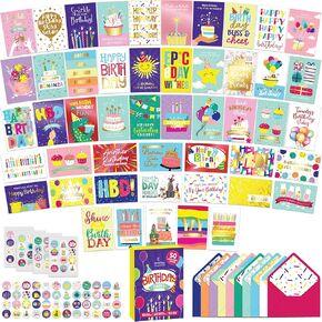 Decorably 50 Pack Foiled and Glittery 6x4in Assorted Birthday Cards with Envelopes and Stickers, 50 Unique Designs, with Printed Message Inside