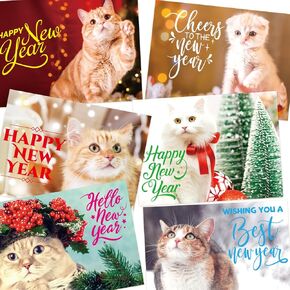 Fancy Land Happy New Year Cards with Envelopes Kitten Holiday Greeting Cards 24Pcs