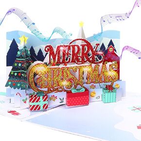 Ribbli Christmas Cards, Light and Musical Christmas Card, Glitter Style Pop Up Christmas Card, 3D Merry Christmas Card, with Envelope