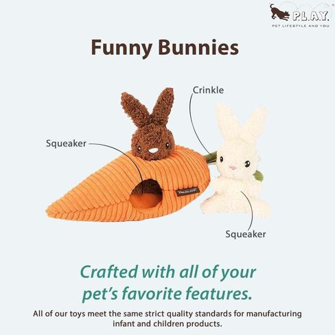 P.L.A.Y. Cute Plush Dog Toys - Hippity Hoppity Easter Themed Durable Squeaker Chew Toy, Great for Puppies & Small, Medium, Large Dogs - Machine Washable, Recycled Materials (Funny Bunnies with Carrot) in Kuwait