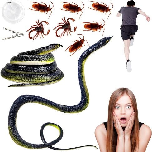 47.2in Snake Prank with String Clip, Looking Realistic Snake Prank, Fake Snake Prank with 2 Scorpion Toys & 5 Fake Cockroaches, Funny Clip on Snake Prank for Teasing Friends(Black Cyan) in Saudi Arabia