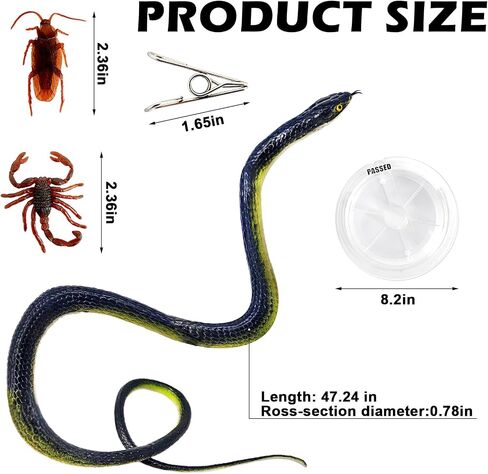 47.2in Snake Prank with String Clip, Looking Realistic Snake Prank, Fake Snake Prank with 2 Scorpion Toys & 5 Fake Cockroaches, Funny Clip on Snake Prank for Teasing Friends(Black Cyan) in Saudi Arabia