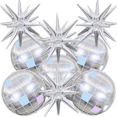 9Pcs Disco Ball Balloons Iridescent,22Inch Glitter Silver 4D Large Foil Disco Balloons with Explosion Star Balloons for Birthday Bachelorette 70s 80s 90s Disco Theme Party Decorations in Saudi Arabia