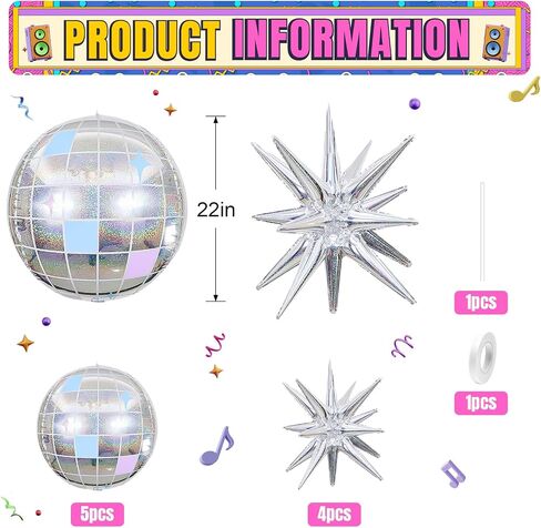9Pcs Disco Ball Balloons Iridescent,22Inch Glitter Silver 4D Large Foil Disco Balloons with Explosion Star Balloons for Birthday Bachelorette 70s 80s 90s Disco Theme Party Decorations in Saudi Arabia