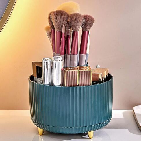 حامل أقلام يدور 360 درجة، 5 فتحات مكتب منظم القلم متعدد الوظائف كوب قلم رصاص حامل فرشاة المكياج حامل كوب تخزين مكتب بطاقة العمل قلم رصاص حامل قرطاسية صندوق تخزين أزرق in Saudi Arabia