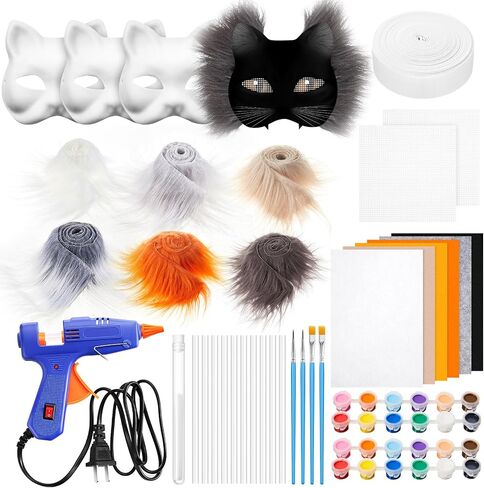 33 Pcs Therian DIY Mask Kit for Beginners Including Blank Cat Mask Faux Fur Fabric Felt Fabric Plastic Mesh Sheet(Warm Colors) in Kuwait