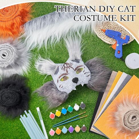 33 Pcs Therian DIY Mask Kit for Beginners Including Blank Cat Mask Faux Fur Fabric Felt Fabric Plastic Mesh Sheet(Warm Colors) in Kuwait