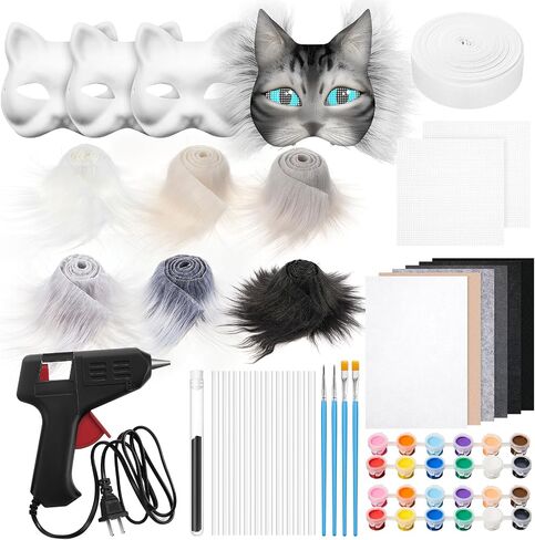 33 Pcs Therian DIY Mask Kit for Beginners Including Blank Cat Mask Faux Fur Fabric Felt Fabric Plastic Mesh Sheet(Warm Colors) in Kuwait