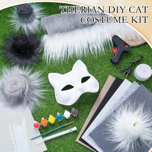 33 Pcs Therian DIY Mask Kit for Beginners Including Blank Cat Mask Faux Fur Fabric Felt Fabric Plastic Mesh Sheet(Warm Colors) in Kuwait