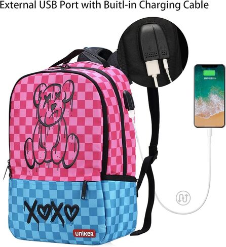 Fashion 2 in 1 Backpack Set with Cosmetic Bag,Casual Daypack Women,Backpack and Carry-on 2pc set,Lightweight Travel Backpack,Laptop Backpack with with USB Port,Graphic Backpacks Checkerboard Pink in Saudi Arabia