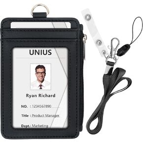 Badge Holder with Zipper, UNIUS PU Leather ID Badge Holder with 5 Card Slots 1 Side Zipper Pocket and 1 Nylon Lanyard with 3 Buckles for Offices ID, School ID, Driver Licence in Black