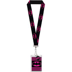 DC Comics Lanyard, Badge Holder Charm, Batman Bat Shield Black Hot Pink, Elastic