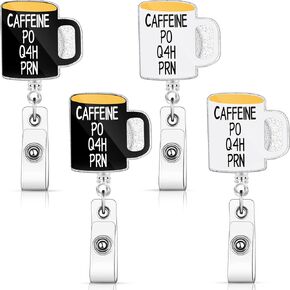 4 Pcs Caffeine Badge Reel PO Q4H PRN Funny Coffee Badge Reel Retractable for Nurses Doctor with Swivel Clip Name Nurse ID Badge Holder Reel Decorative Nursing Cute Badge Clip for Student Teacher