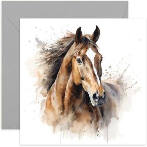 Old English Co. Watercolour Horse Card - Brown and White Horse Card for Horse Lover Birthday - Just Because Card for Him or Her - Equestrian Horse Card for Men and Women | Blank Inside