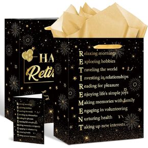 Retirement Gift Bag Happy Retirement Gift Wrapping Paper Bag with Tissue and Funny Retirement Card Black Gold Happy Christmas Retirement Party Decorations Gifts for Men Women Farewell Party Supplies