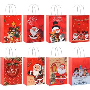 Christmas Gift Bags with Handles,24 Pcs Small Christmas Gift Bags Bulk,4 Designs Xmas Kraft Paper Bags for Christmas Goody Bags, Party Favors (6.3" x 3.2 "x 8.6")
