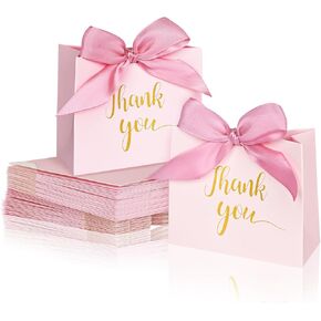 DECHISY 60Pack Small Thank You Gift Bags, 4.5x1.8x3.9 Inches Pink Paper Gift Bags with Ribbon Mini Gift Bags Bulk Wedding Candy favor boxes Birthday Party Favor Bags for Baby Shower Anniversary.