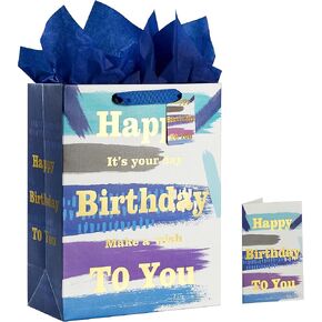 SUNCOLOR 13" Large Happy Birthday Gift Bag with Card and Tissue Paper (Blue Happy Happy Birthday)