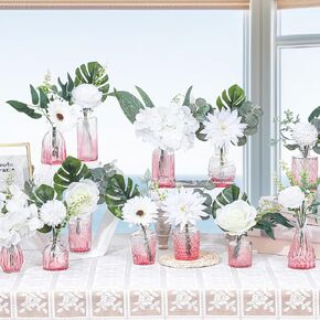 FoldTier 108 Pcs Artificial Flowers in Vase 96 Pcs Mini Faux Greenery Stem Sets 12 Pcs Glass Vase Silk Roses and Eucalyptus Arrangement for Wedding Bathroom Home Dining Kitchen Table Centerpiece