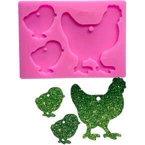 Shiny Glossy Fowl Chicken Family Mother and Baby Shape Silicone Molds for DIY Craft Keychain Polymer Clay Mold Epoxy Pendant Resin Crafting Making Backpack Cake Decor Fondant Mould