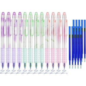 BAYTORY Erasable Pens, Retractable Fine Point 0.5mm Gel Pens with Eraser Clear, 12Pcs Blue Ink Pens & 10Pcs Refills, Smooth Writing for Note Taking Crossword Puzzles (Black & Pink)