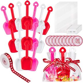 Haooryx Valentine Shovels Toy Gift - 18 Pack Valentine's Day Plastic Shovels Toy Gift Set White Red Pink Mini Sand Scoop Shovel Toy Valentines Gift I Dig You Sticker Labels Clear Bags Heart Ribbon